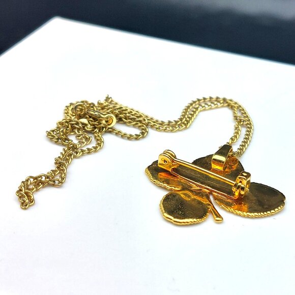 Gold Dipped Vermeil Four Leaf Clover Pendant Brooch On 20" Chain Necklace - Picture 5 of 7